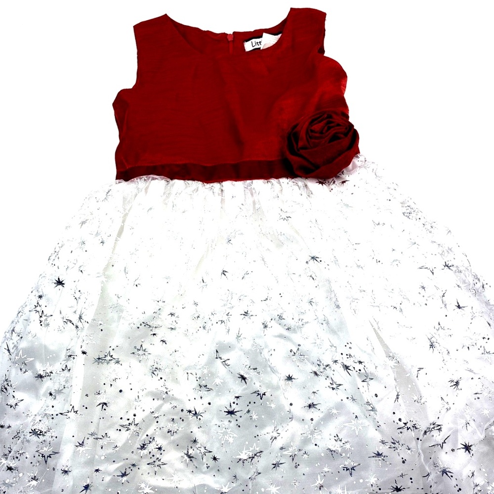 Little Miss Girls Dress Size 6 Formal Red White Rose Children Kids Stars Ruffle